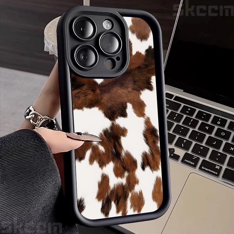 Custodia per Telefono con Fantasia Pelle di Mucca Marrone Vintage per iPhone 16 Pro Max 15 14 13 12 11 16E 7 8 Plus X XS XR Cover Morbida Antiurto Opaca