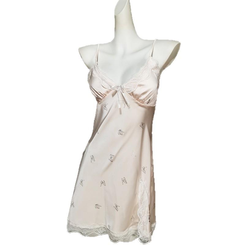 Butterfly Print Deep V Padded Pajamas Set: Sexy and Slimming Ice Silk Nightdress with Fairy Camisole.
