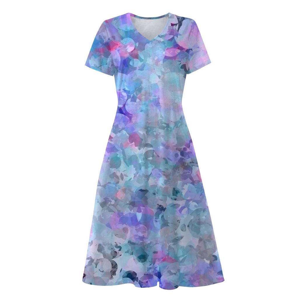 Damen Sommer Casual Fashion Blumendruck Kurzarm V-Ausschnitt Swing Kleid