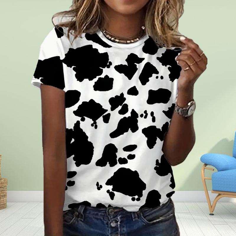 Fashion WomenCow Print Print T Shirt Funny Casual O-neck Short Sleeves T-shirt Summer Female Tee Shirt