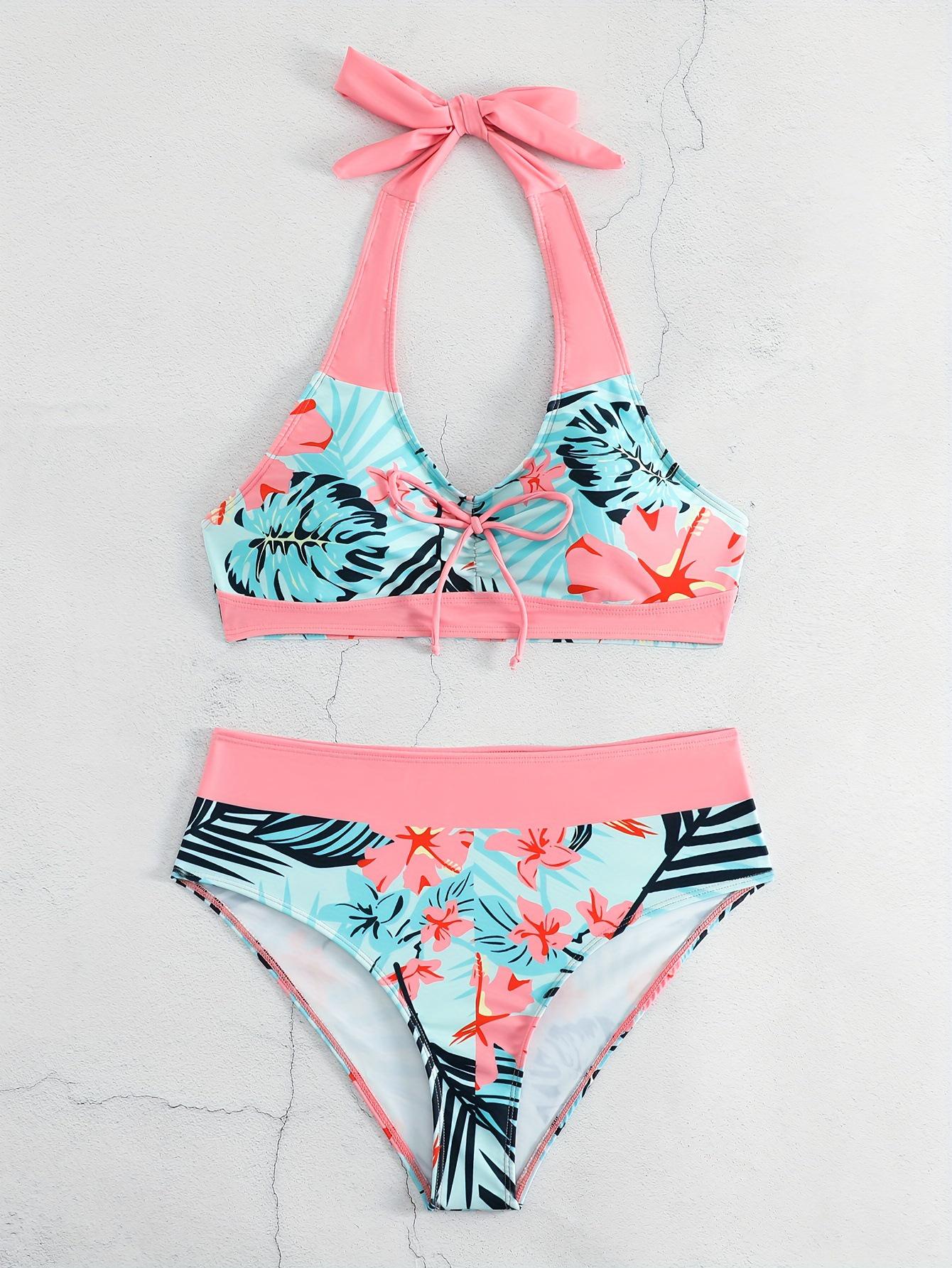 

2025 Купальник бикини с высокой талией, разрезом, цветочным принтом, полосками и шнуровкой Small цветочный