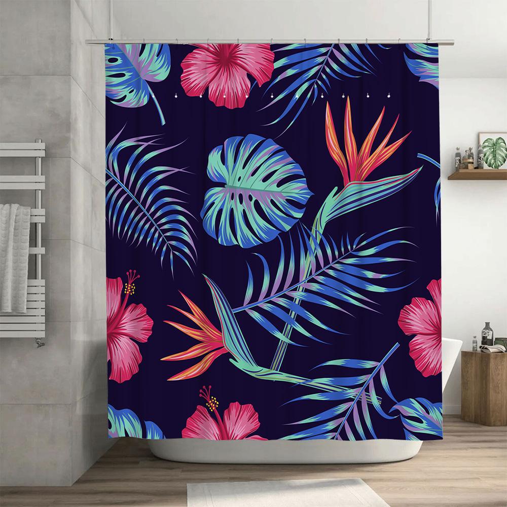 Bright Floral Shower Curtain Set 180x240cm Pink Blue Green Orange Leaves Hibiscus Pattern Bathroom Decor Multiple Colors Availab