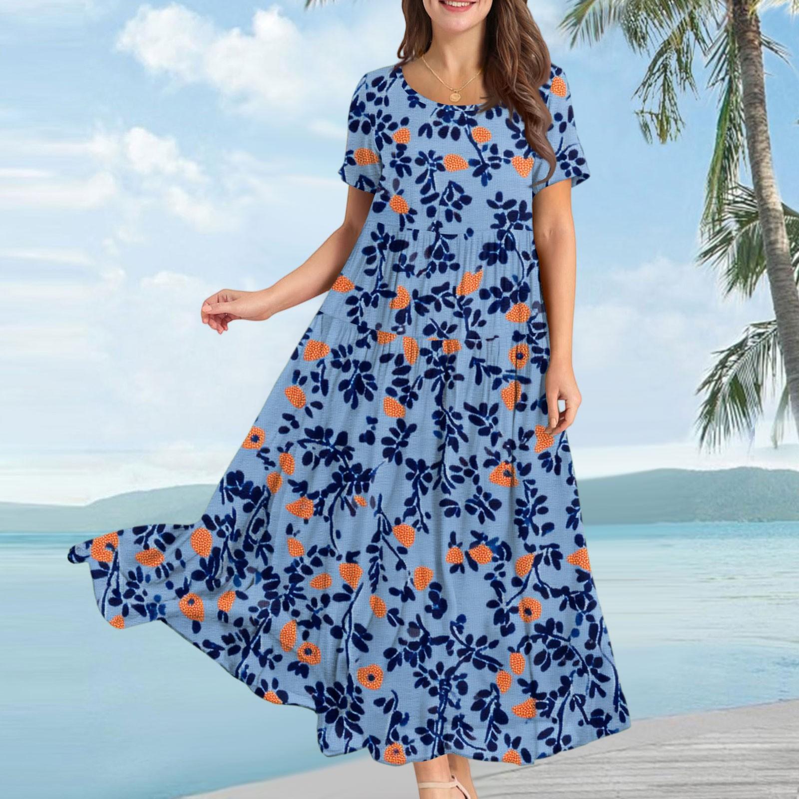 

Женское повседневное свободное платье с коротким рукавом и бохо-цветочным принтом XL небесно-голубой