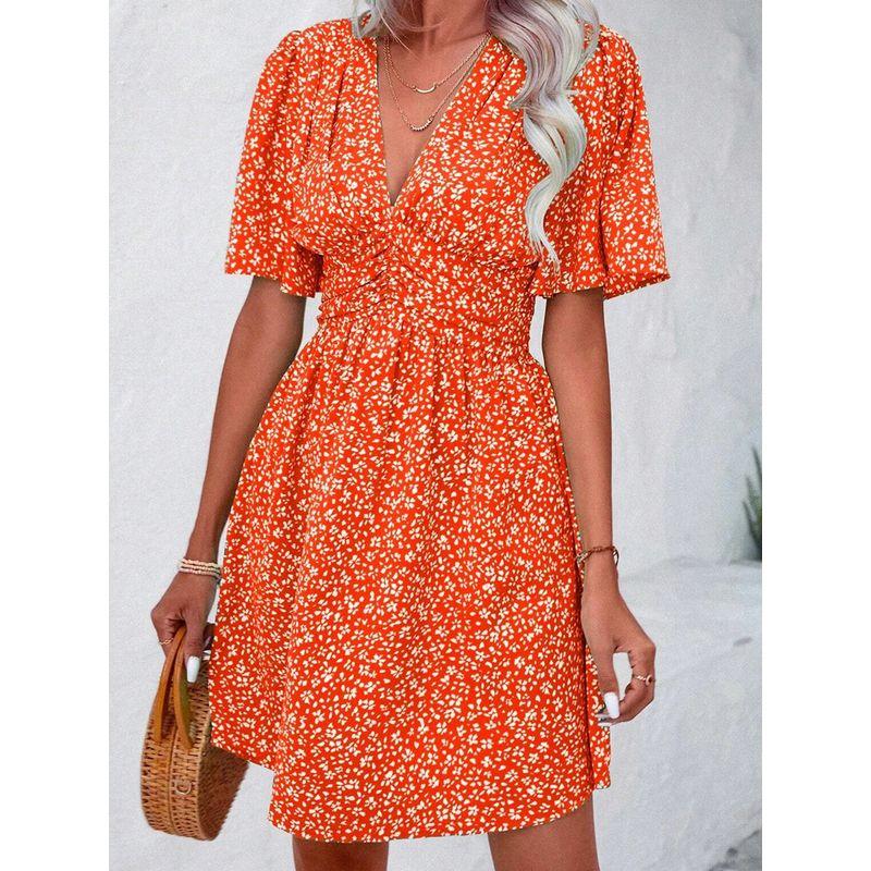 

Sweet Summer New Fashion Deep V-neck Sexy Waist Hugging Slimming Floral Lotus Leaf Sleeve Short sleeve Dress Dress White flowers with orange background L