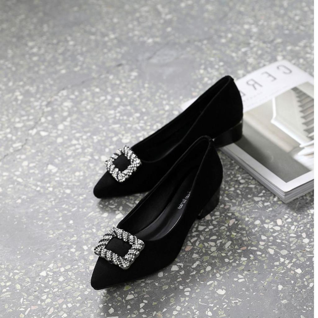 Women's Shoes Rhinestone Low Heel Elegant Diamond Black with Crystals Office Pointed Toe Formal Ladies Pumps Summer 2025 Stylish