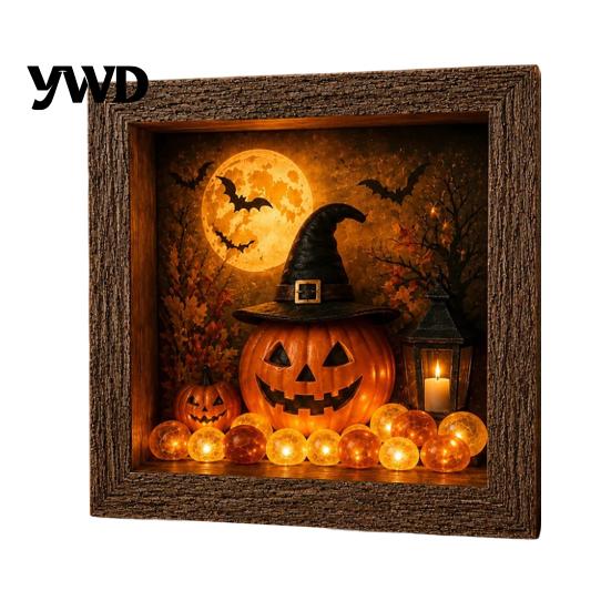 Gothic Bedroom Decor DIY Lighted Halloween Ghost Shadow Box Kit, Wooden Frame LED Warm Light, Style Interior Lighting Memory with Crystal Glass Panel,