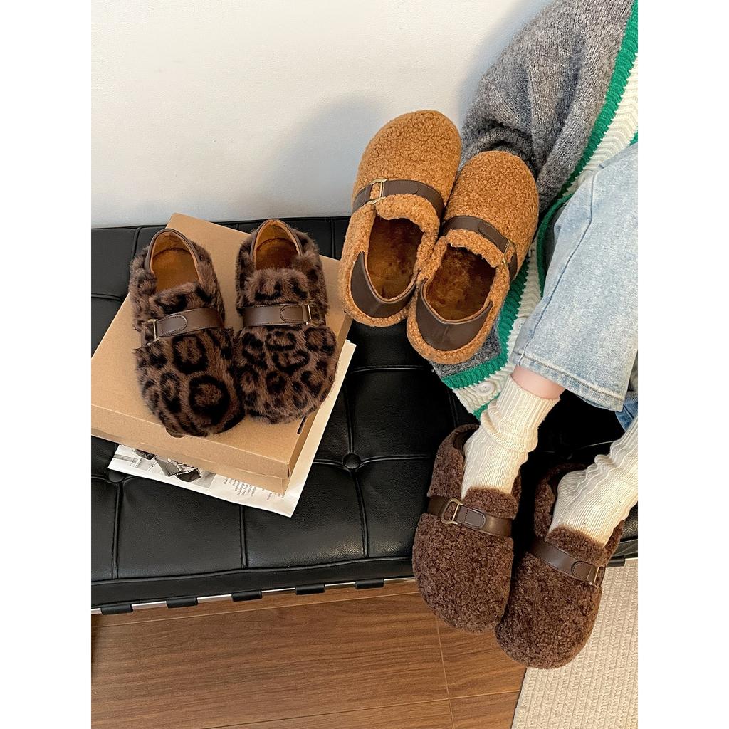 Retro non-slip thick-soled fluffy shoes for winter wear 2025 to increase the height, add fleece to keep warm, and wear Birkenstock cotton shoes for