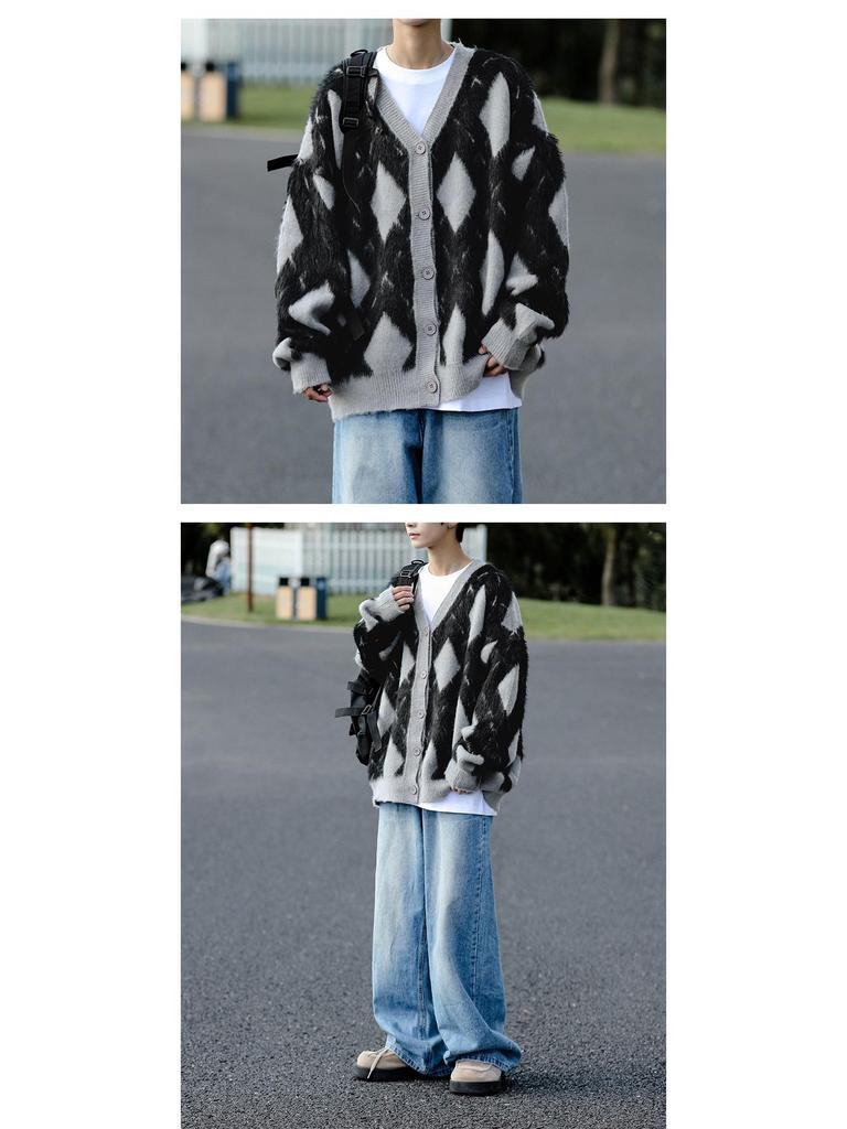 Men's Autumn/Winter Retro College Diamond Check Cardigan - Soft, Sticky, Trendy, Casual Knitted Style for Couples