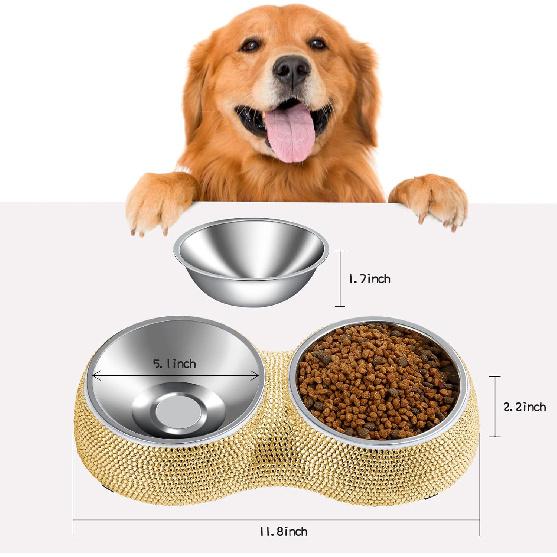 eing Dog Bowls Double Dog Water and Food Bowls Stainless Steel Bowls with Non-Slip Resin Station and Bling Rhinestones, Pet Feeder Bowls for Puppy