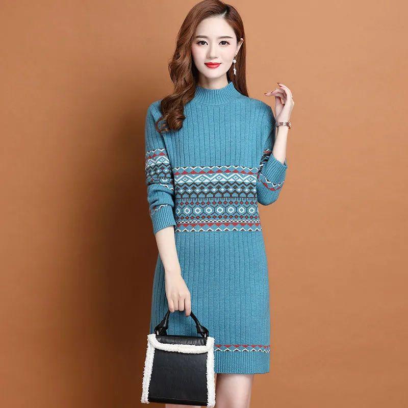 Slim Sweater Dress for Women In Winter Thickened and Warm Half Turtleneck Pullover Solid Color Casual Mid-length Knitted Sweater
