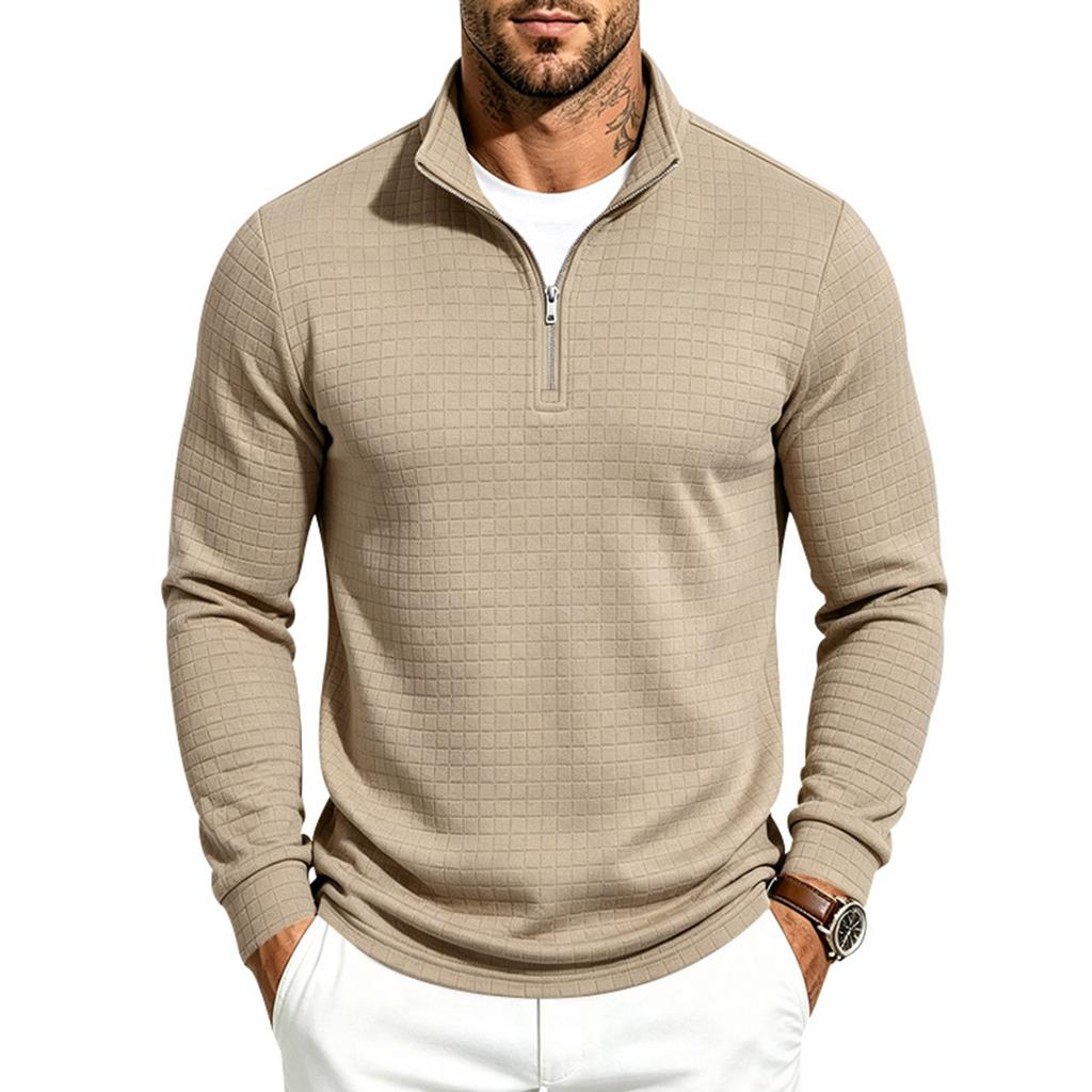 Men's Casual Long Sleeve Zip Up Stand Collar Plaid Shirt