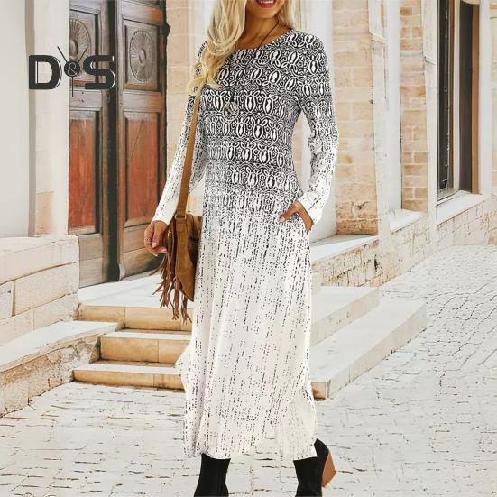 Podzim Jaro Dámské šaty O-výstřih s kapsami Dlouhý rukáv A-linie Tisk Volné Nepravidelný lem Rande Dojíždění Maxi šaty