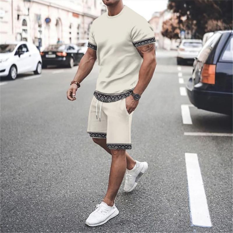 Vacanza estiva Set T-shirt da uomo Stampa 3D Tinta unita Uomo Maglietta a maniche corte Girocollo Pantaloncini Set due pezzi Abiti casual da uomo Abbigliamento