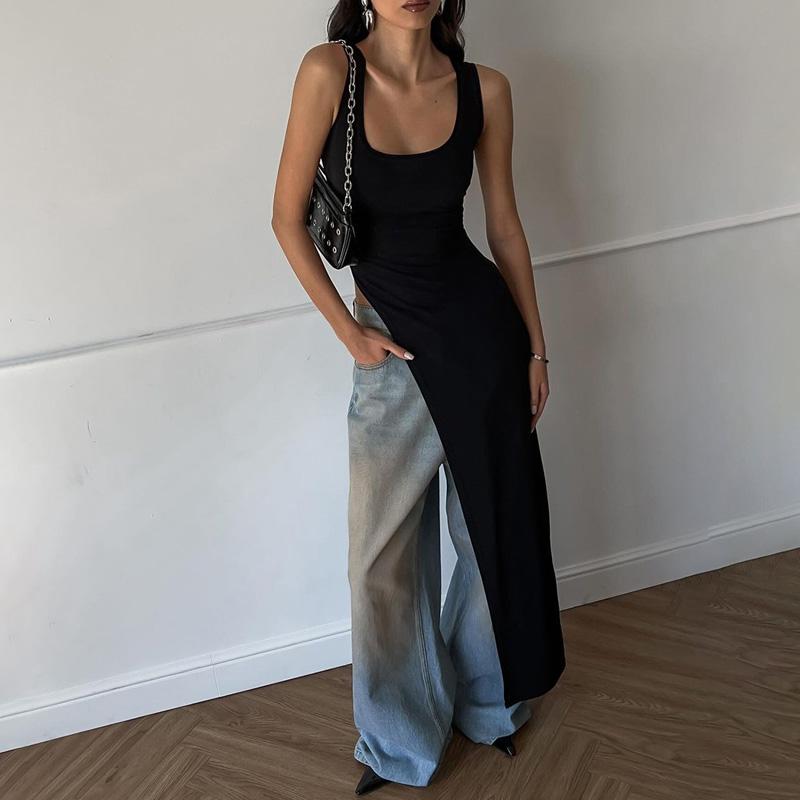 2025 Sexy Sleeveless Side High Split Dress Solid Backless Women Midi Dresses Summer Party Club Streetwear Clothes Y2K