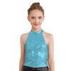 Girls Performance Top Halter Neck Sleeveless Backless Sparkling Sequin Crop Top Gymnastics Dance Wear