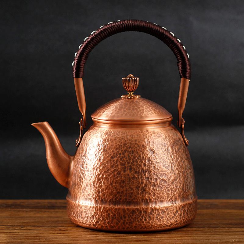 Handmade Retro Hammered Copper Teapot, Uncoated Hand Hammered Purple Copper Teapot, Red Copper Handle Teapot, Boiling Kettle