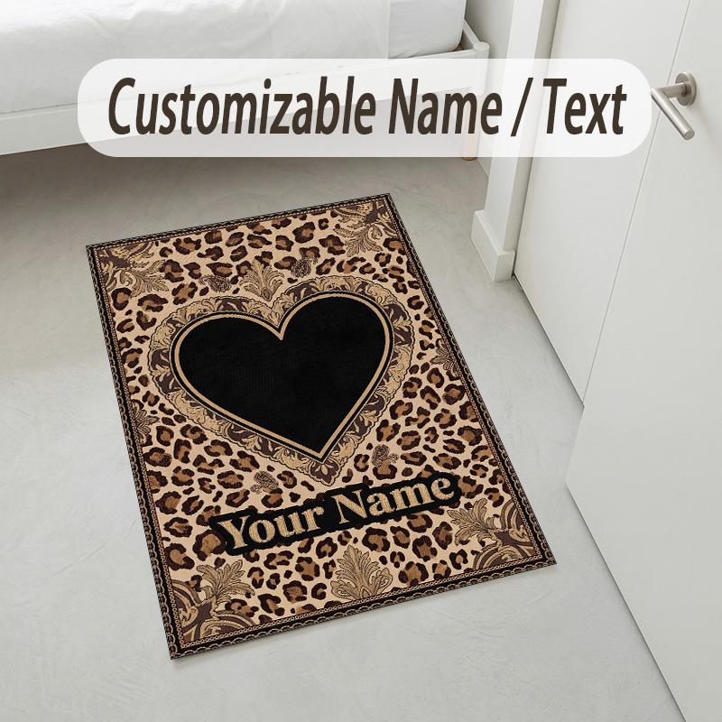 Leopard Floral Theme Soft Crystal Velvet Rug Custom Name & Text Print Non Slip Floor Rug for Bedroom Living Room