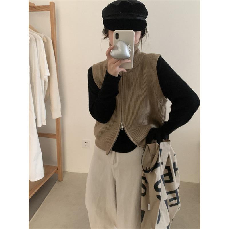 Dámská pletená kardiganová vesta na podzim a zimu s dvojitým zipem