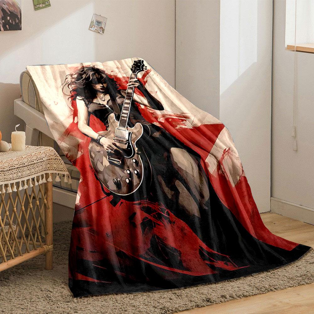 Dynamic woman with guitar amidst bold red and beige abstract strokes. for all seasons blanket lunch break throw gift