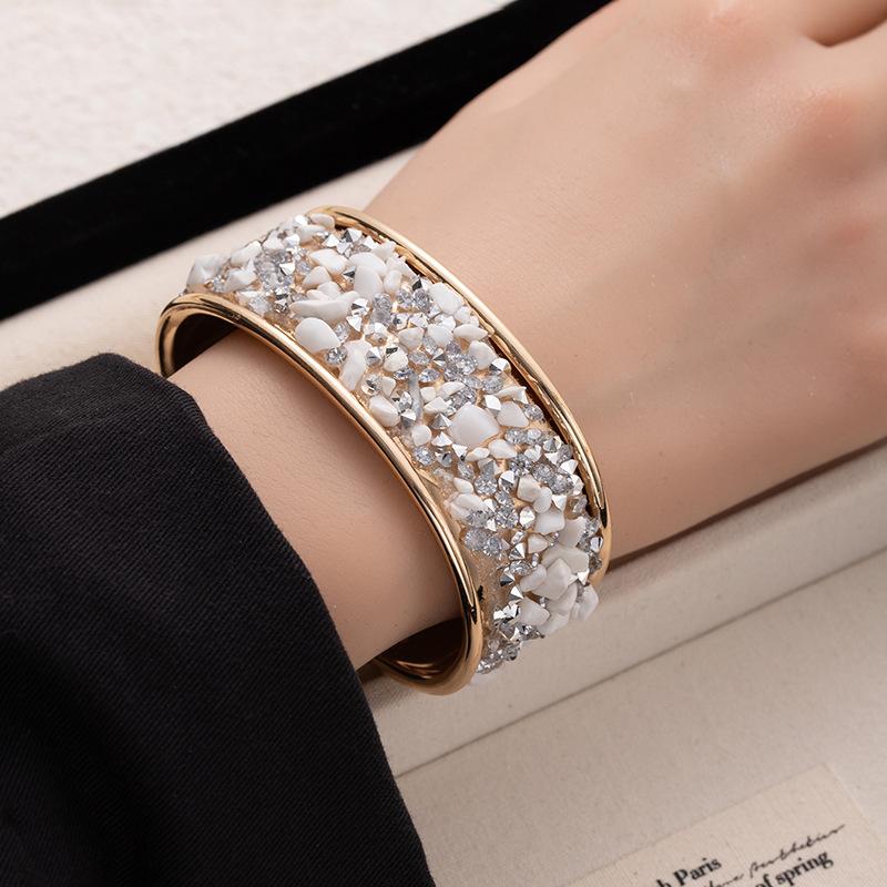 Colored gravel wide-sided open bracelet, flash diamond-encrusted bracelet, men's and women's personality trendy and cool hand jewelry