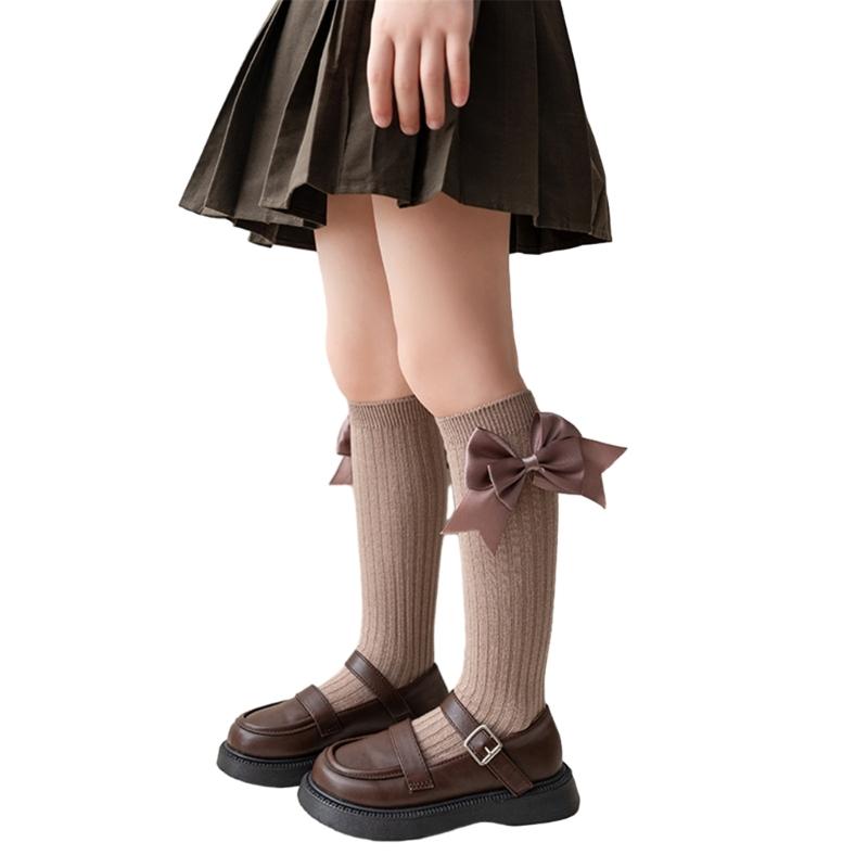 Girls Knee High Cotton Socks Big Ribbons Bow Back To School Socks, Ribbons Bows Long Socks Uniform Party Wear Stockings