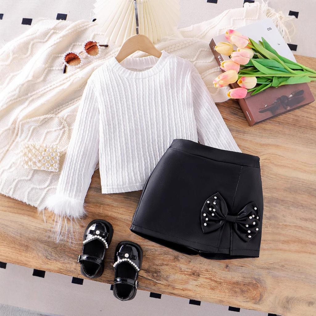 Costum ocazional fete Vară Moda pentru copii Decolteu cu mâneci lungi Cu îmblănire Top cu blană Fundă Fusta Pu Costum pentru copii