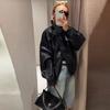 Winter Vintage Cropped Leather Jacket Womens Stand Collar Biker Coat Streetwear