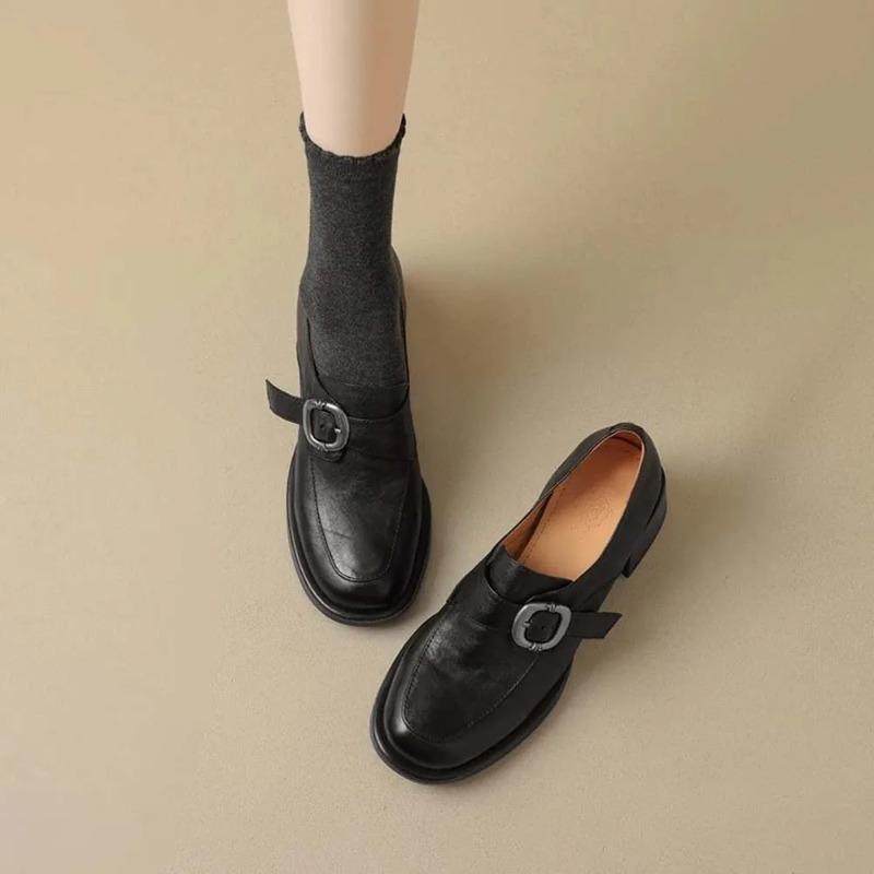 Women Leather Platform Loafers Fashion Slip On Chunky Shoes Retro Style Female Officel Pumps Moccasins Women's Mary Jane Shoes