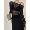 Spicy Style Sexy Lace See-through Hollow Long Sleeve Women's Autumn Winter Slim Short Top