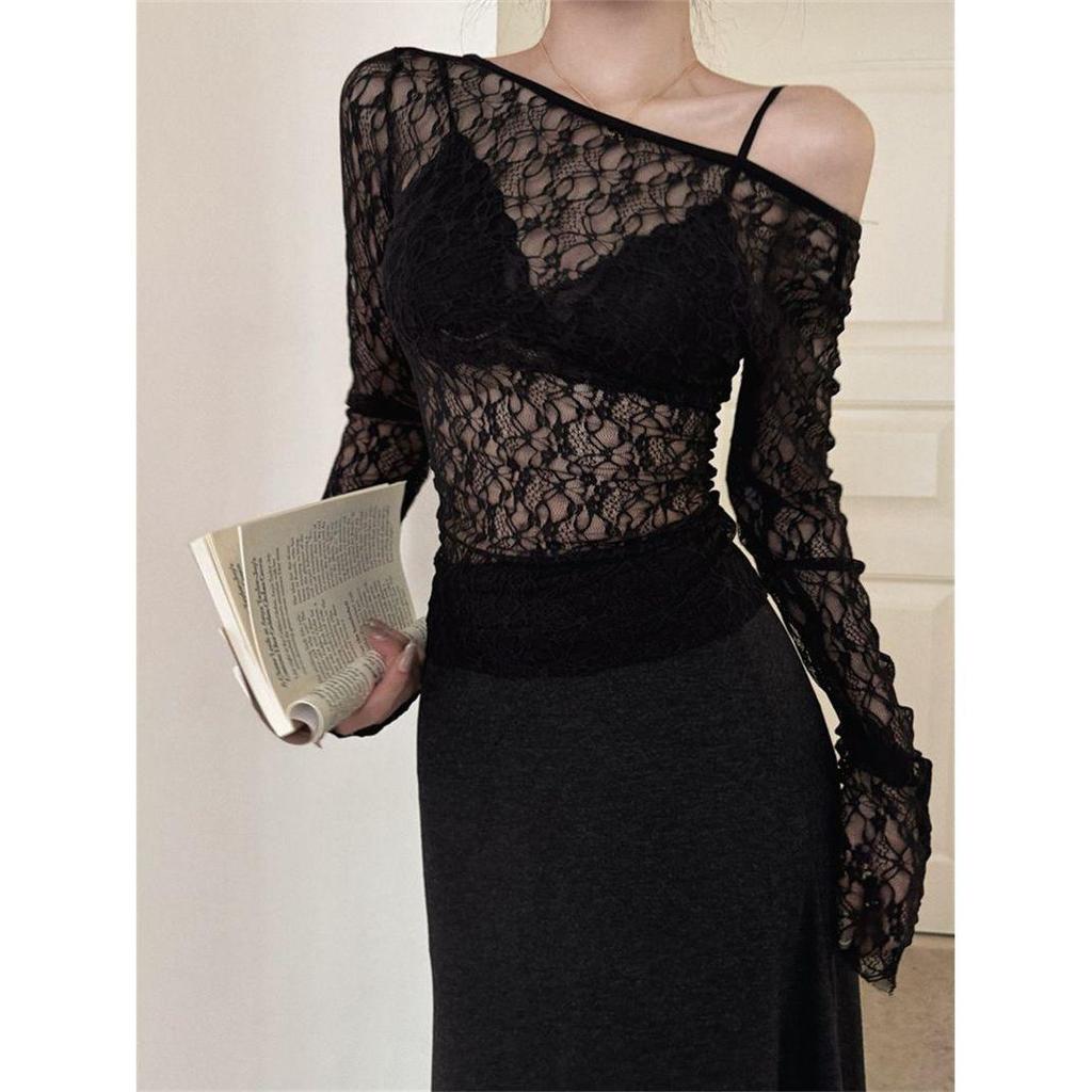 Spicy Style Sexy Lace See-through Hollow Long Sleeve Women's Autumn Winter Slim Short Top