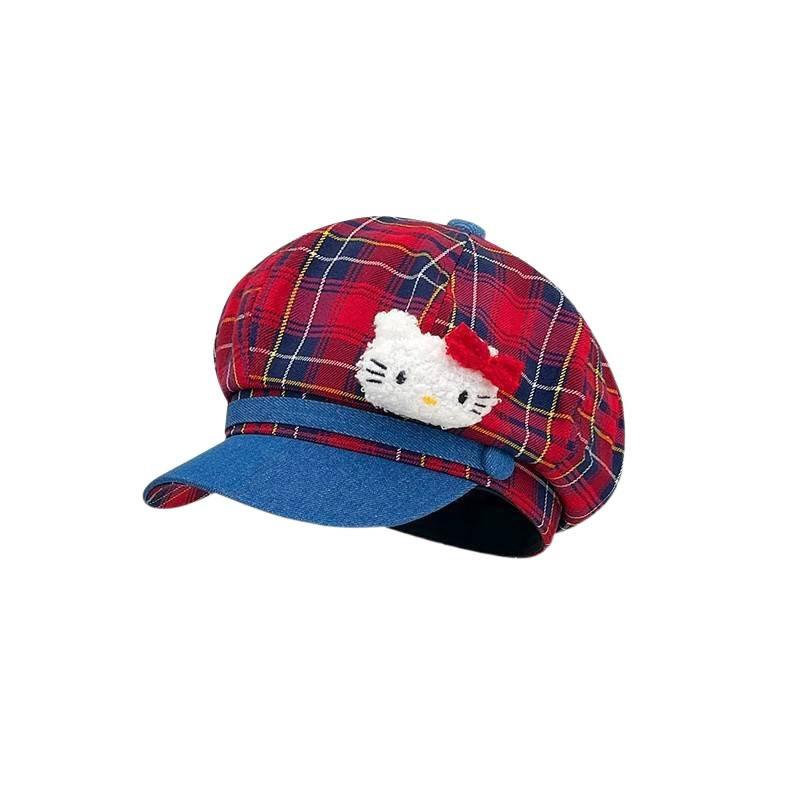 Hello Kitty Kt Cat Karriertes Cloche-Hut Mit Stickerei Für Sommerliche Freizeitkleidung