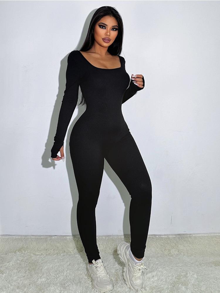 Square Neck Solid Color Ribbed Yoga Sports Pants Women Tight Sexy Cuffed One Piece Jumpsuit Fashion Beach Vacation Elegant Outfit