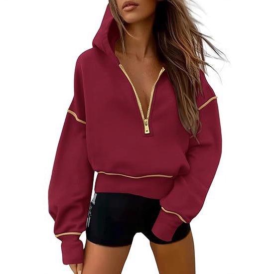 Women's Cropped Hooded Sweatshirt - Long Sleeve Half Zip Hoodie, Winter Fashion