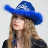 Wedding Party Cowboy Hat Adult Woman LED Feather Tinsel Brim Hat Fedoras Felt Cowboy Hat with Rhinestone Crown Decor