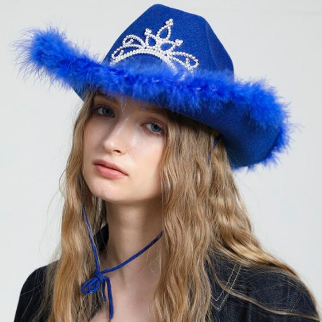 Wedding Party Cowboy Hat Adult Woman LED Feather Tinsel Brim Hat Fedoras Felt Cowboy Hat with Rhinestone Crown Decor