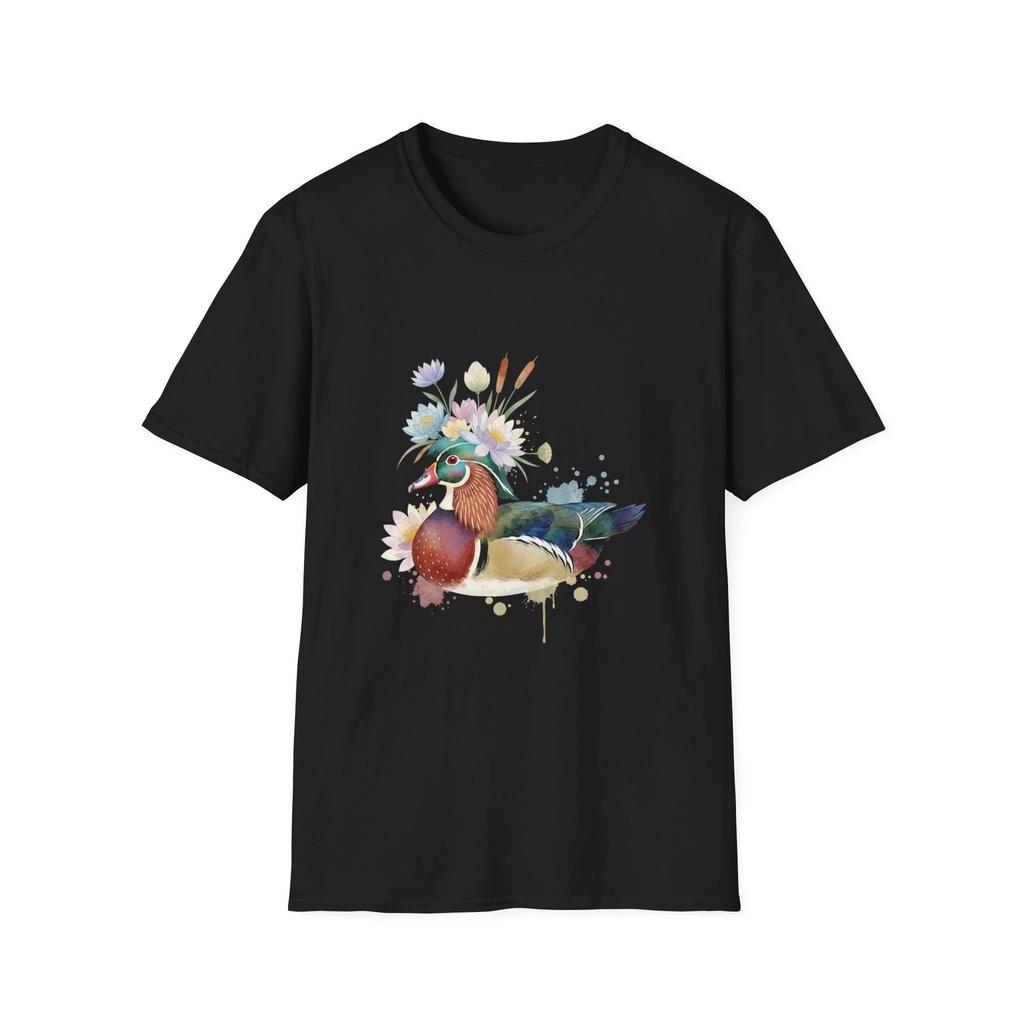 Wood Duck Floral Watercolor Nature Black Tee Aesthetic Graphic T-Shirt