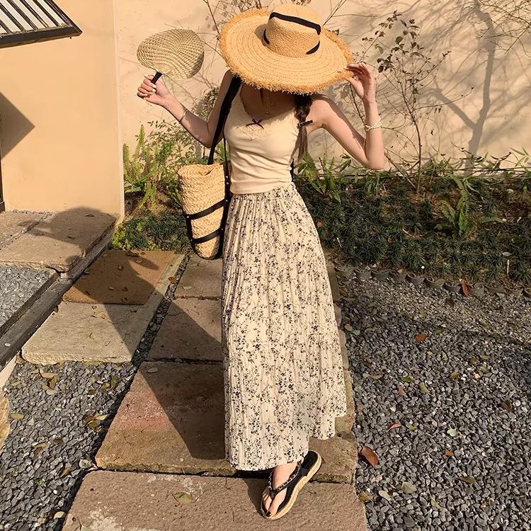 Chiffon Plissee Blumiger Rock für Damen Im Sommer Neu Retro Hängend Midilänge Große A-Linie Langer Rock