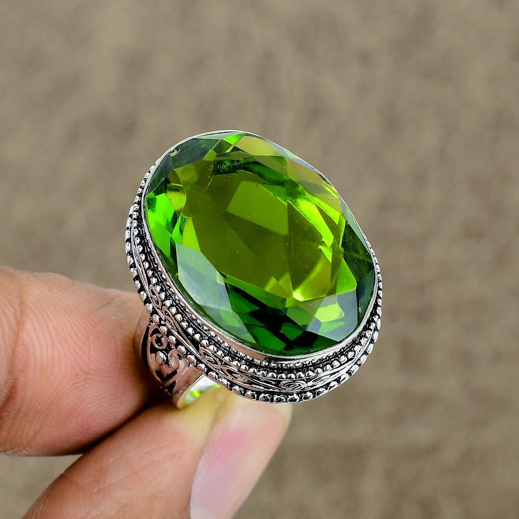 Peridot Genstone Handmade 925 Sterling Silver Jewelry Ring Size 8 KKG-454