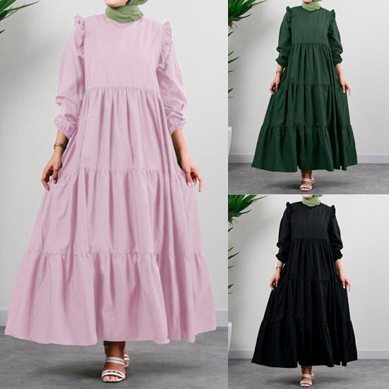 Loose Maxi Dress Large Hem Mid Waist Round Neck Long Sleeve Ruffle