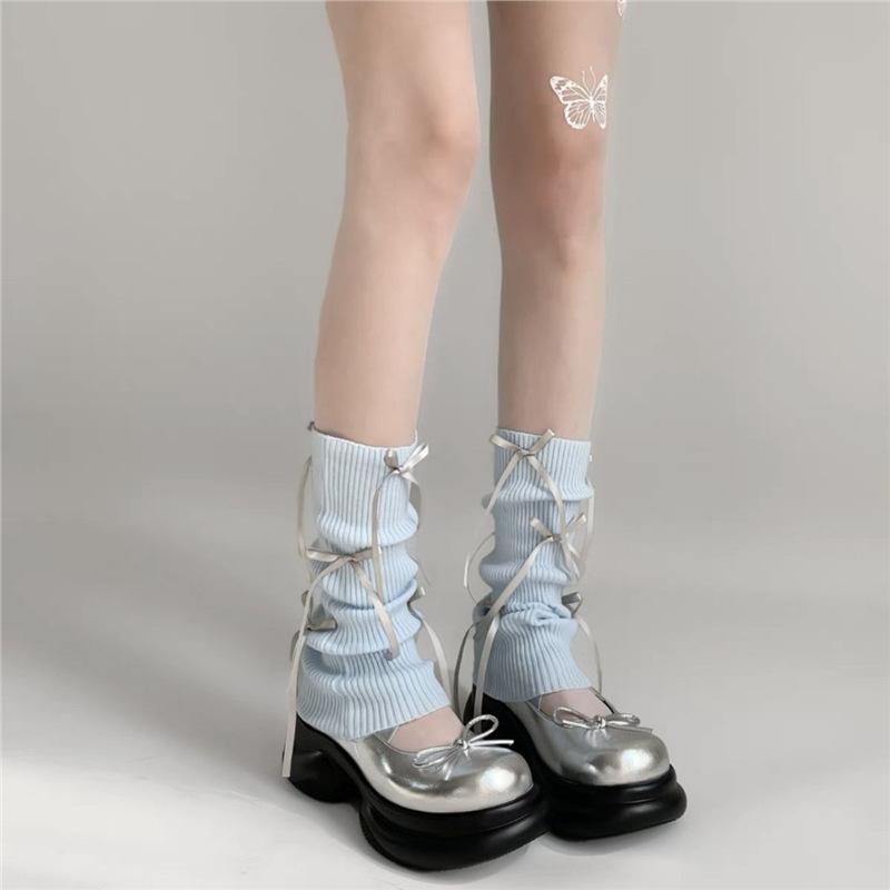 Sweet Sock-style Women's Bow Mid-calf Socks Women's Knitted Half-calf Leg Covers Grey Pile Socks