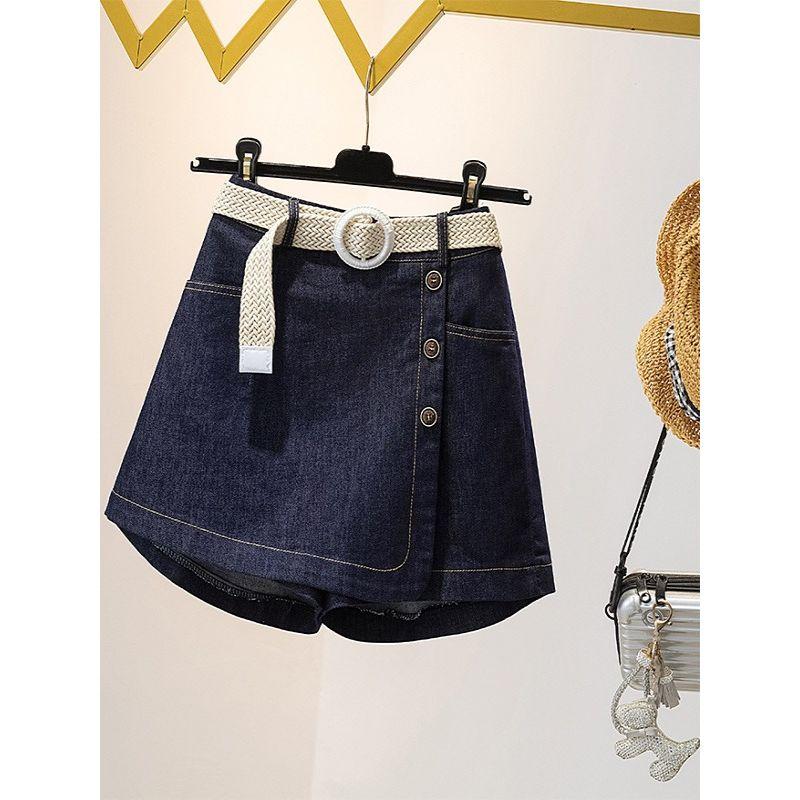 South Korea Dongdaemun Fashion Commuter Ol Summer High Waist A- line Cover Casual Denim Short Culotte Send Belt M-4XL