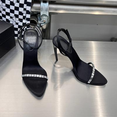 Siyah Sivri Burun Stiletto Topuklu Kadın İlkbahar Yaz 2024 Yeni Seksi Ünlü Trendi Tek Sıra Rhinestone Açık Burunlu Sandaletler