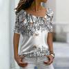 Women's Short Sleeved T-shirt with Slanted Neckline Pattern and Digital 3D Printed Women's T-shirts