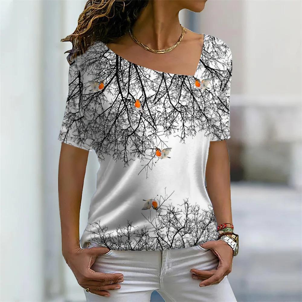 Women's Short Sleeved T-shirt with Slanted Neckline Pattern and Digital 3D Printed Women's T-shirts