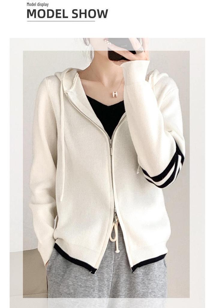 Women's Hooded Knit Cardigan: Zipper Closure, Long Sleeve, Loose Fit - Ideal for Spring & Autumn