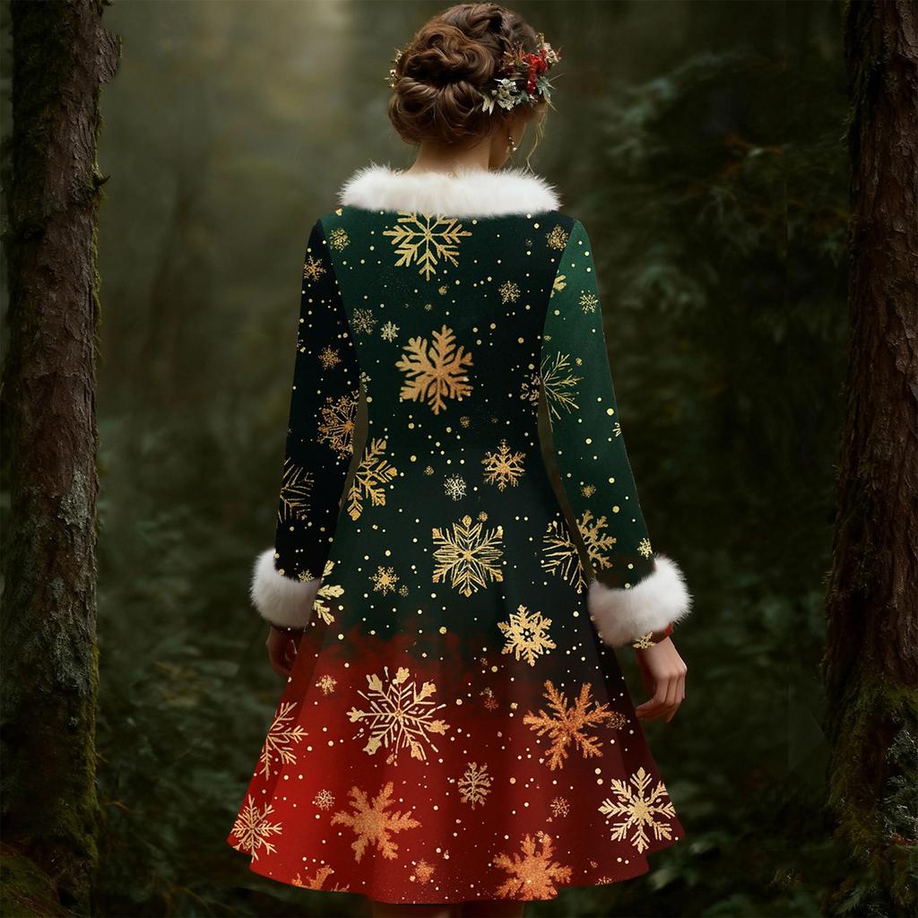 Women's Casual V-neck Christmas Print Plush Long-Sleeve Casual Dress