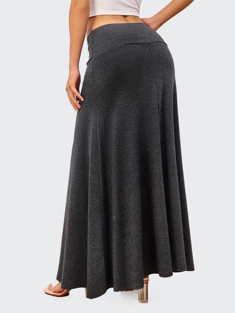 European & American Commuter A-Line Midi Skirt - Solid Color, Knit, Polyester-Cotton, Micro-Elastic, Spring/Autumn Wear