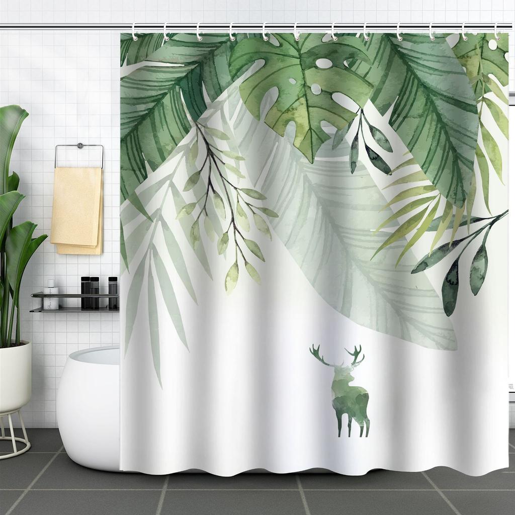 Green Plant Waterproof and Mildew-proof Polyester Bathroom Shower Curtain Shower Curtain Partition Curtain Free of Punching