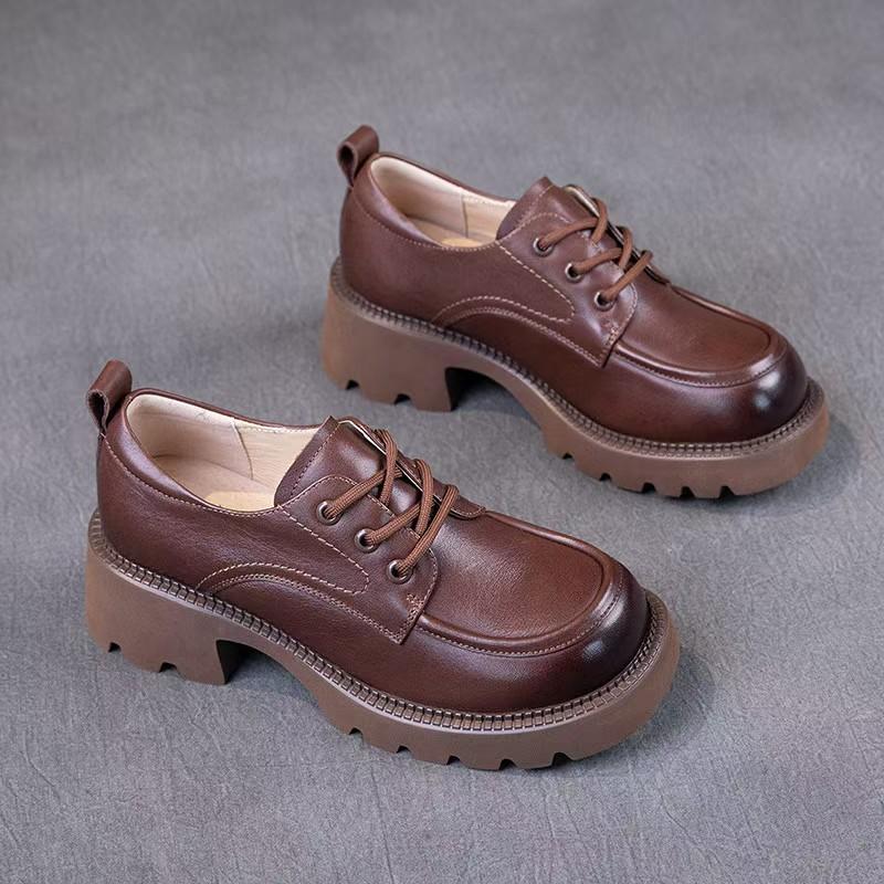 New first-layer cowhide small leather shoes women's thick heel retro lace-up casual shoes medium heel four-season single shoes