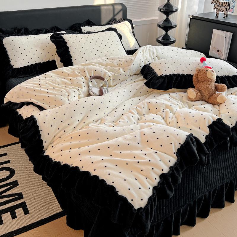 Xiaohongshu Popular Thickened Milk Fleece Bed Cover Bed Skirt Four-Piece Set Farai Fleece Warm Quilt Cover Bed Hat